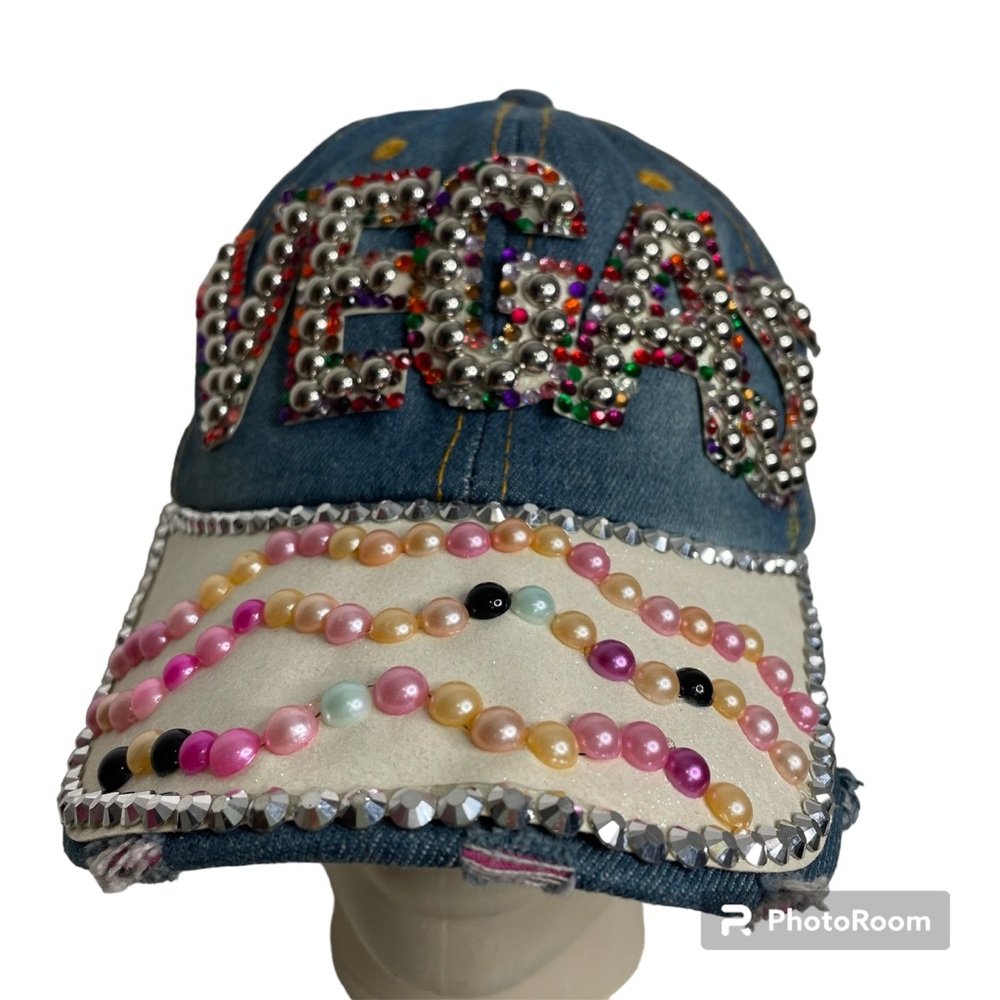 YMF Las Vegas Denim Cap Hat Bedazzled Pearls Distressed Adjustable